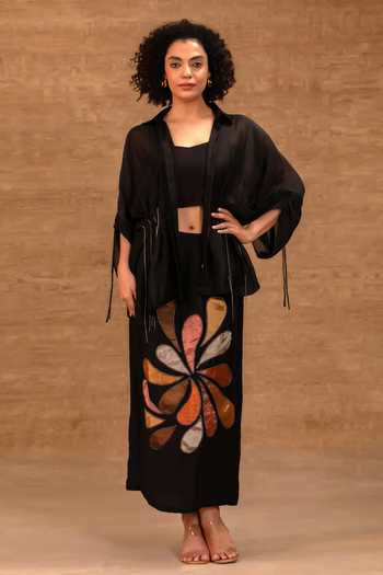 Buy Eeda Black Silk, Tissue, Shantoon Collared Neck, Pleated Shirt And Applique Skirt Set Buy_Eeda_Black Silk, Tissue, Shantoon Collared Neck, Pleated Shirt And Applique Skirt Set