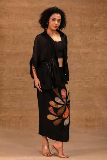 Shop Eeda Black Silk, Tissue, Shantoon Collared Neck, Pleated Shirt And Applique Skirt Set Shop_Eeda_Black Silk, Tissue, Shantoon Collared Neck, Pleated Shirt And Applique Skirt Set
