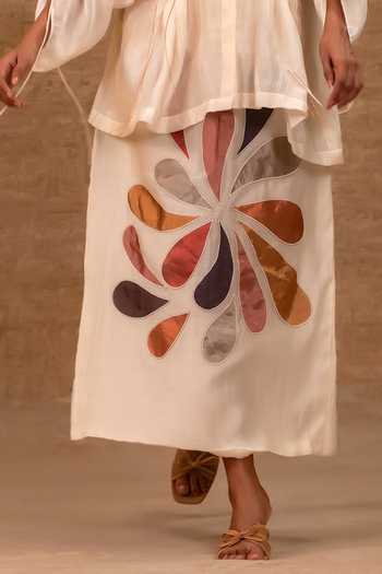 Eeda Ivory Silk, Tissue, Shantoon Collared Neck, Pleated Shirt And Applique Skirt Set Online at Aza Fashions Eeda_Ivory Silk, Tissue, Shantoon Collared Neck, Pleated Shirt And Applique Skirt Set _Online_at_Aza_Fashions