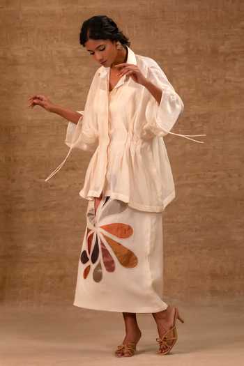 Buy Eeda Ivory Silk, Tissue, Shantoon Collared Neck, Pleated Shirt And Applique Skirt Set Buy_Eeda_Ivory Silk, Tissue, Shantoon Collared Neck, Pleated Shirt And Applique Skirt Set