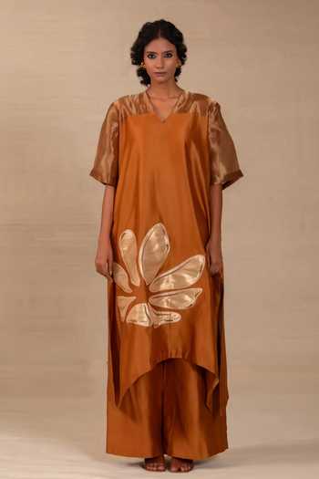 Eeda Orange Silk, Chanderi, Tissue Gulnaar Floral Applique Long Kurta And Pant Set Online at Aza Fashions Eeda_Orange Silk, Chanderi, Tissue Gulnaar Floral Applique Long Kurta And Pant Set _Online_at_Aza_Fashions