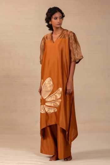 Shop Eeda Orange Silk, Chanderi, Tissue Gulnaar Floral Applique Long Kurta And Pant Set Online at Aza Fashions Shop_Eeda_Orange Silk, Chanderi, Tissue Gulnaar Floral Applique Long Kurta And Pant Set _Online_at_Aza_Fashions