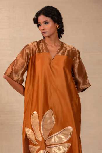 Buy Eeda Orange Silk, Chanderi, Tissue Gulnaar Floral Applique Long Kurta And Pant Set Buy_Eeda_Orange Silk, Chanderi, Tissue Gulnaar Floral Applique Long Kurta And Pant Set