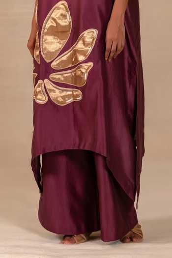 Eeda Wine Silk, Chanderi, Tissue V-neck Gulnaar Floral Applique Long Kurta And Pant Set Online at Aza Fashions Eeda_Wine Silk, Chanderi, Tissue V-neck Gulnaar Floral Applique Long Kurta And Pant Set _Online_at_Aza_Fashions