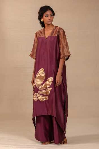 Buy Eeda Wine Silk, Chanderi, Tissue V-neck Gulnaar Floral Applique Long Kurta And Pant Set Online at Aza Fashions Buy_Eeda_Wine Silk, Chanderi, Tissue V-neck Gulnaar Floral Applique Long Kurta And Pant Set _Online_at_Aza_Fashions