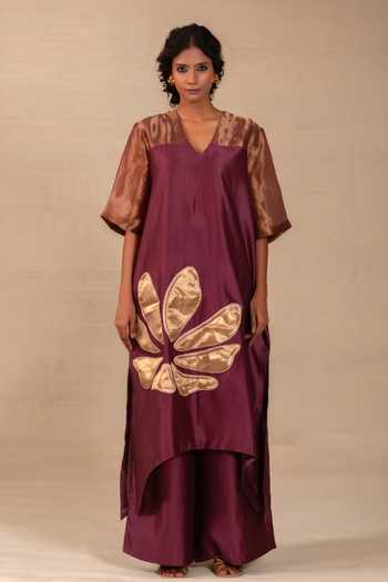 Shop Eeda Wine Silk, Chanderi, Tissue V-neck Gulnaar Floral Applique Long Kurta And Pant Set Online at Aza Fashions Shop_Eeda_Wine Silk, Chanderi, Tissue V-neck Gulnaar Floral Applique Long Kurta And Pant Set _Online_at_Aza_Fashions