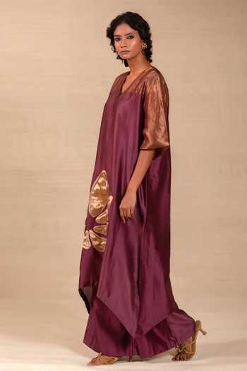 Eeda Wine Silk, Chanderi, Tissue V-neck Gulnaar Floral Applique Long Kurta And Pant Set at Aza Fashions Eeda_Wine Silk, Chanderi, Tissue V-neck Gulnaar Floral Applique Long Kurta And Pant Set _at_Aza_Fashions