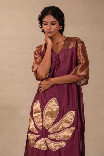 Buy Eeda Wine Silk, Chanderi, Tissue V-neck Gulnaar Floral Applique Long Kurta And Pant Set Buy_Eeda_Wine Silk, Chanderi, Tissue V-neck Gulnaar Floral Applique Long Kurta And Pant Set