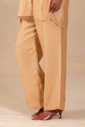 Eeda Beige Silk, Shantoon Round Neck Gulnaar Leaf Applique Shirt And Pant Co-ord Set Online at Aza Fashions Eeda_Beige Silk, Shantoon Round Neck Gulnaar Leaf Applique Shirt And Pant Co-ord Set _Online_at_Aza_Fashions
