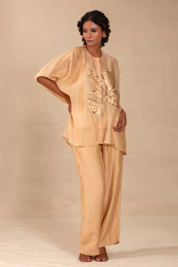 Buy Eeda Beige Silk, Shantoon Round Neck Gulnaar Leaf Applique Shirt And Pant Co-ord Set Online at Aza Fashions Buy_Eeda_Beige Silk, Shantoon Round Neck Gulnaar Leaf Applique Shirt And Pant Co-ord Set _Online_at_Aza_Fashions