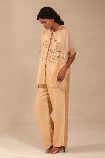 Shop Eeda Beige Silk, Shantoon Round Neck Gulnaar Leaf Applique Shirt And Pant Co-ord Set Online at Aza Fashions Shop_Eeda_Beige Silk, Shantoon Round Neck Gulnaar Leaf Applique Shirt And Pant Co-ord Set _Online_at_Aza_Fashions