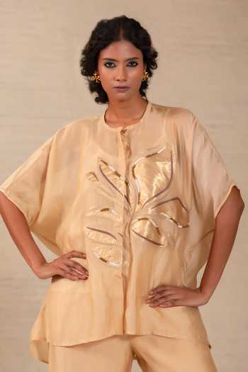 Eeda Beige Silk, Shantoon Round Neck Gulnaar Leaf Applique Shirt And Pant Co-ord Set at Aza Fashions Eeda_Beige Silk, Shantoon Round Neck Gulnaar Leaf Applique Shirt And Pant Co-ord Set _at_Aza_Fashions