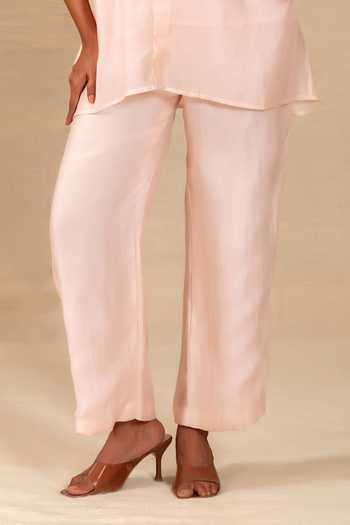 Eeda Pink Silk, Shantoon Round Neck Gulnaar Leaf Applique Shirt And Pant Co-ord Set Online at Aza Fashions Eeda_Pink Silk, Shantoon Round Neck Gulnaar Leaf Applique Shirt And Pant Co-ord Set _Online_at_Aza_Fashions