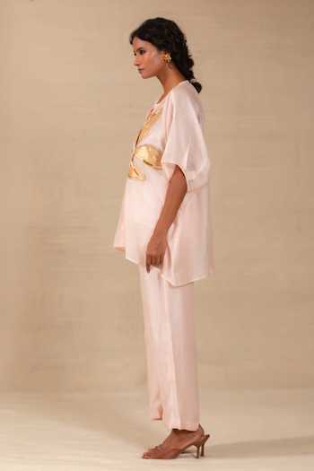 Buy Eeda Pink Silk, Shantoon Round Neck Gulnaar Leaf Applique Shirt And Pant Co-ord Set Online at Aza Fashions Buy_Eeda_Pink Silk, Shantoon Round Neck Gulnaar Leaf Applique Shirt And Pant Co-ord Set _Online_at_Aza_Fashions