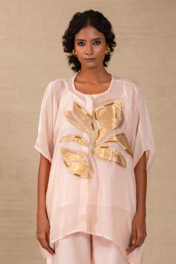 Shop Eeda Pink Silk, Shantoon Round Neck Gulnaar Leaf Applique Shirt And Pant Co-ord Set Online at Aza Fashions Shop_Eeda_Pink Silk, Shantoon Round Neck Gulnaar Leaf Applique Shirt And Pant Co-ord Set _Online_at_Aza_Fashions