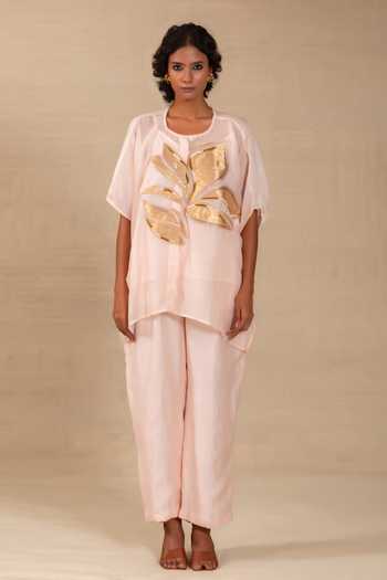 Eeda Pink Silk, Shantoon Round Neck Gulnaar Leaf Applique Shirt And Pant Co-ord Set at Aza Fashions Eeda_Pink Silk, Shantoon Round Neck Gulnaar Leaf Applique Shirt And Pant Co-ord Set _at_Aza_Fashions
