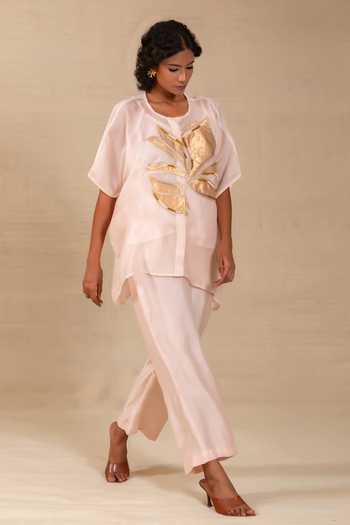 Buy Eeda Pink Silk, Shantoon Round Neck Gulnaar Leaf Applique Shirt And Pant Co-ord Set Buy_Eeda_Pink Silk, Shantoon Round Neck Gulnaar Leaf Applique Shirt And Pant Co-ord Set