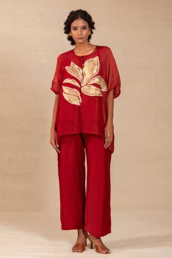 Eeda Red Silk Round Neck Gulnaar Leaf Applique Shirt And Pant Co-ord Set Online at Aza Fashions Eeda_Red Silk Round Neck Gulnaar Leaf Applique Shirt And Pant Co-ord Set _Online_at_Aza_Fashions