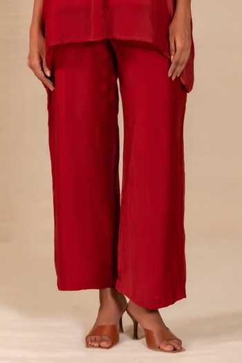 Buy Eeda Red Silk Round Neck Gulnaar Leaf Applique Shirt And Pant Co-ord Set Online at Aza Fashions Buy_Eeda_Red Silk Round Neck Gulnaar Leaf Applique Shirt And Pant Co-ord Set _Online_at_Aza_Fashions