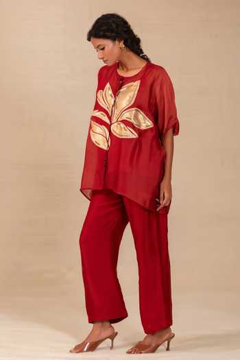 Shop Eeda Red Silk Round Neck Gulnaar Leaf Applique Shirt And Pant Co-ord Set Online at Aza Fashions Shop_Eeda_Red Silk Round Neck Gulnaar Leaf Applique Shirt And Pant Co-ord Set _Online_at_Aza_Fashions