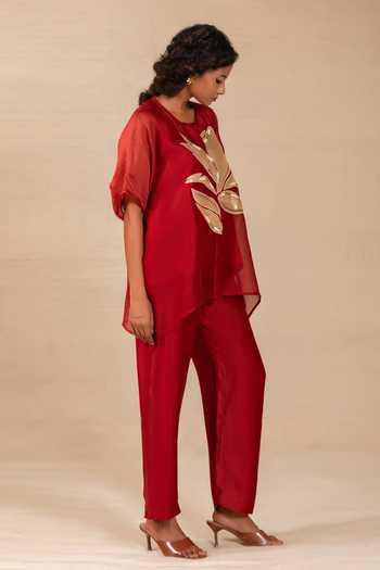 Eeda Red Silk Round Neck Gulnaar Leaf Applique Shirt And Pant Co-ord Set at Aza Fashions Eeda_Red Silk Round Neck Gulnaar Leaf Applique Shirt And Pant Co-ord Set _at_Aza_Fashions