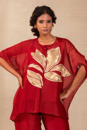 Buy Eeda Red Silk Round Neck Gulnaar Leaf Applique Shirt And Pant Co-ord Set Buy_Eeda_Red Silk Round Neck Gulnaar Leaf Applique Shirt And Pant Co-ord Set