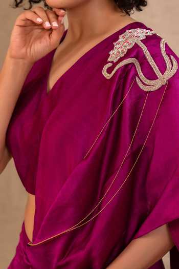 Eeda_Purple Silk V-neck Silsila Pre-draped Saree With Blouse _Online_at_Aza_Fashions