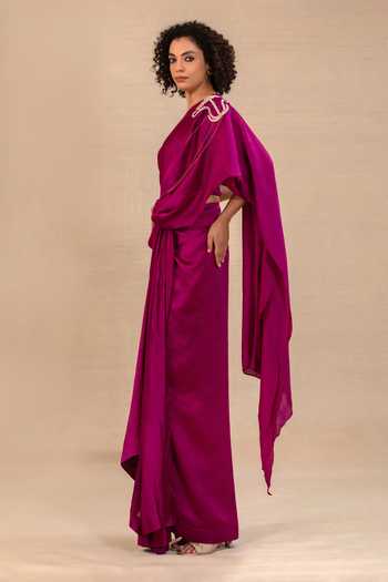 Shop_Eeda_Purple Silk V-neck Silsila Pre-draped Saree With Blouse _Online_at_Aza_Fashions