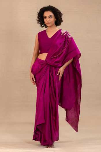 Eeda_Purple Silk V-neck Silsila Pre-draped Saree With Blouse _at_Aza_Fashions