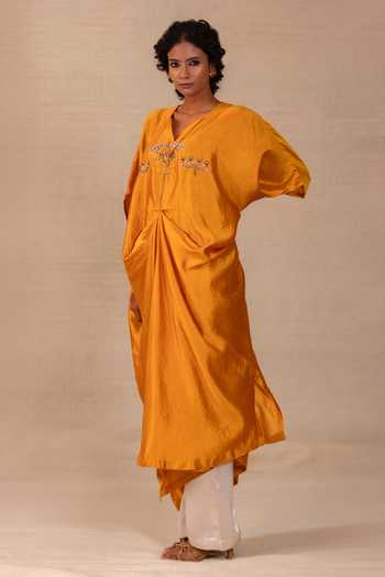 Eeda Mustard Silk, Bemberg Split V-neck Silsila Folk Motif Kaftan And Pant Set Online at Aza Fashions Eeda_Mustard Silk, Bemberg Split V-neck Silsila Folk Motif Kaftan And Pant Set _Online_at_Aza_Fashions