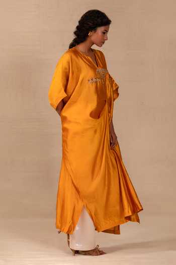 Buy Eeda Mustard Silk, Bemberg Split V-neck Silsila Folk Motif Kaftan And Pant Set Online at Aza Fashions Buy_Eeda_Mustard Silk, Bemberg Split V-neck Silsila Folk Motif Kaftan And Pant Set _Online_at_Aza_Fashions