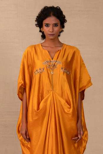 Shop Eeda Mustard Silk, Bemberg Split V-neck Silsila Folk Motif Kaftan And Pant Set Online at Aza Fashions Shop_Eeda_Mustard Silk, Bemberg Split V-neck Silsila Folk Motif Kaftan And Pant Set _Online_at_Aza_Fashions