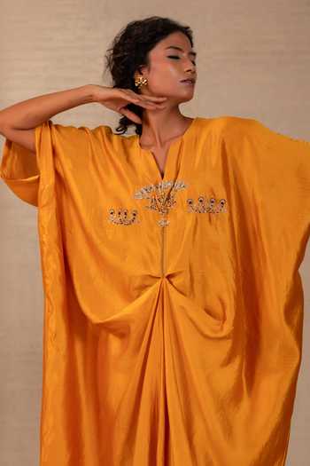 Eeda Mustard Silk, Bemberg Split V-neck Silsila Folk Motif Kaftan And Pant Set at Aza Fashions Eeda_Mustard Silk, Bemberg Split V-neck Silsila Folk Motif Kaftan And Pant Set _at_Aza_Fashions