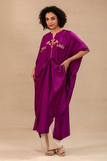 Buy Eeda Purple Silk, Bemberg Split V-neck Silsila Folk Motif Kaftan And Pant Set Online at Aza Fashions Buy_Eeda_Purple Silk, Bemberg Split V-neck Silsila Folk Motif Kaftan And Pant Set _Online_at_Aza_Fashions