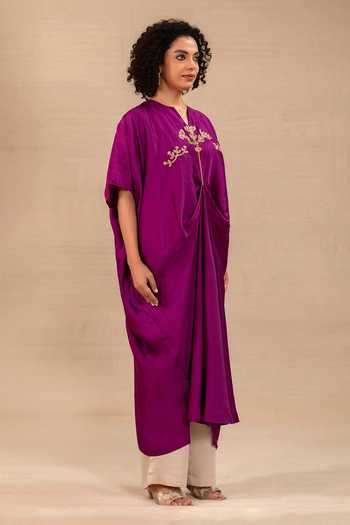 Shop Eeda Purple Silk, Bemberg Split V-neck Silsila Folk Motif Kaftan And Pant Set Online at Aza Fashions Shop_Eeda_Purple Silk, Bemberg Split V-neck Silsila Folk Motif Kaftan And Pant Set _Online_at_Aza_Fashions