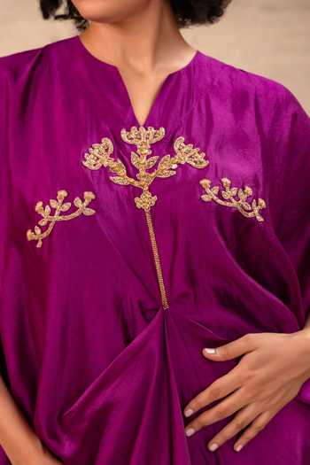 Eeda Purple Silk, Bemberg Split V-neck Silsila Folk Motif Kaftan And Pant Set at Aza Fashions Eeda_Purple Silk, Bemberg Split V-neck Silsila Folk Motif Kaftan And Pant Set _at_Aza_Fashions