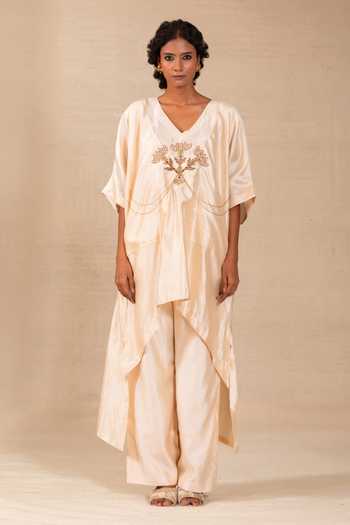 Shop Eeda Ivory Silk V-neck, Yes Silsila Folk Motif Kaftan And Pant Set Online at Aza Fashions Shop_Eeda_Ivory Silk V-neck, Yes Silsila Folk Motif Kaftan And Pant Set _Online_at_Aza_Fashions