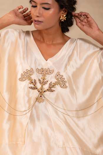 Buy Eeda Ivory Silk V-neck, Yes Silsila Folk Motif Kaftan And Pant Set Buy_Eeda_Ivory Silk V-neck, Yes Silsila Folk Motif Kaftan And Pant Set