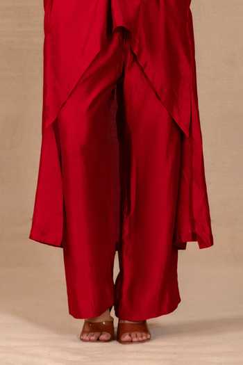 Eeda Maroon Silk V-neck Silsila Folk Motif Kaftan And Pant Set Online at Aza Fashions Eeda_Maroon Silk V-neck Silsila Folk Motif Kaftan And Pant Set _Online_at_Aza_Fashions