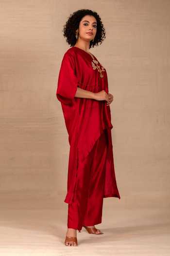Buy Eeda Maroon Silk V-neck Silsila Folk Motif Kaftan And Pant Set Online at Aza Fashions Buy_Eeda_Maroon Silk V-neck Silsila Folk Motif Kaftan And Pant Set _Online_at_Aza_Fashions
