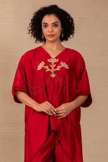 Shop Eeda Maroon Silk V-neck Silsila Folk Motif Kaftan And Pant Set Online at Aza Fashions Shop_Eeda_Maroon Silk V-neck Silsila Folk Motif Kaftan And Pant Set _Online_at_Aza_Fashions