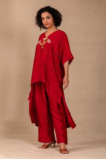 Eeda Maroon Silk V-neck Silsila Folk Motif Kaftan And Pant Set at Aza Fashions Eeda_Maroon Silk V-neck Silsila Folk Motif Kaftan And Pant Set _at_Aza_Fashions