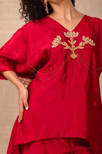 Buy Eeda Maroon Silk V-neck Silsila Folk Motif Kaftan And Pant Set Buy_Eeda_Maroon Silk V-neck Silsila Folk Motif Kaftan And Pant Set