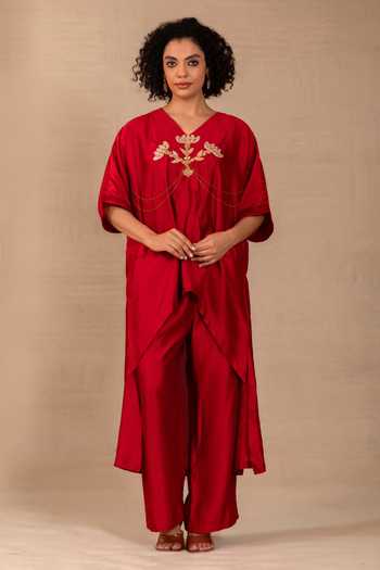 Shop Eeda Maroon Silk V-neck Silsila Folk Motif Kaftan And Pant Set Shop_Eeda_Maroon Silk V-neck Silsila Folk Motif Kaftan And Pant Set