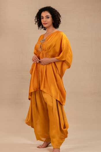 Eeda Mustard Silk V-neck Silsila Embroidered Kaftan With Cowl Pant Online at Aza Fashions Eeda_Mustard Silk V-neck Silsila Embroidered Kaftan With Cowl Pant _Online_at_Aza_Fashions