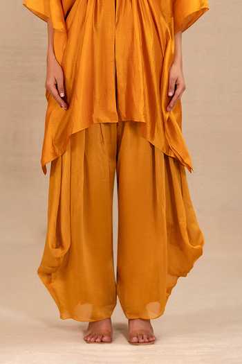Buy Eeda Mustard Silk V-neck Silsila Embroidered Kaftan With Cowl Pant Online at Aza Fashions Buy_Eeda_Mustard Silk V-neck Silsila Embroidered Kaftan With Cowl Pant _Online_at_Aza_Fashions