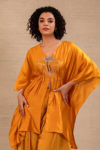 Shop Eeda Mustard Silk V-neck Silsila Embroidered Kaftan With Cowl Pant Online at Aza Fashions Shop_Eeda_Mustard Silk V-neck Silsila Embroidered Kaftan With Cowl Pant _Online_at_Aza_Fashions