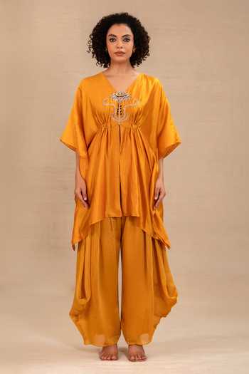 Eeda Mustard Silk V-neck Silsila Embroidered Kaftan With Cowl Pant at Aza Fashions Eeda_Mustard Silk V-neck Silsila Embroidered Kaftan With Cowl Pant _at_Aza_Fashions