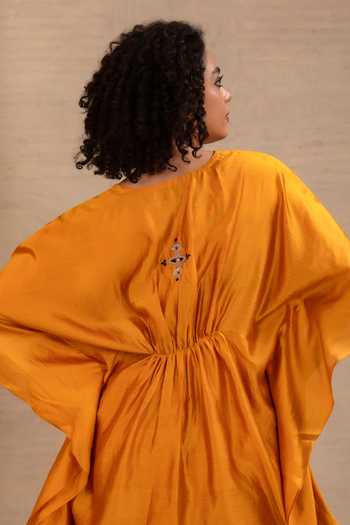 Buy Eeda Mustard Silk V-neck Silsila Embroidered Kaftan With Cowl Pant Buy_Eeda_Mustard Silk V-neck Silsila Embroidered Kaftan With Cowl Pant