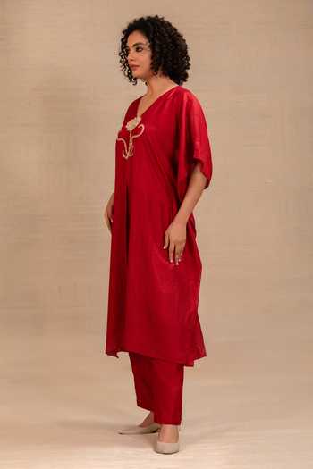 Shop_Eeda_Maroon Silk V-neck Silsila Pure Kaftan And Pant Set _Online_at_Aza_Fashions